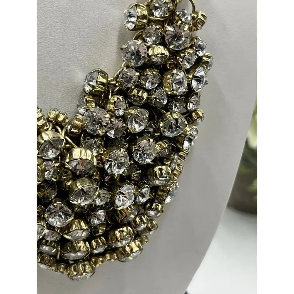 J. Crew Antique Gold Tone Prong Set Rhinestone‎ Cluster Bib Statement Necklace